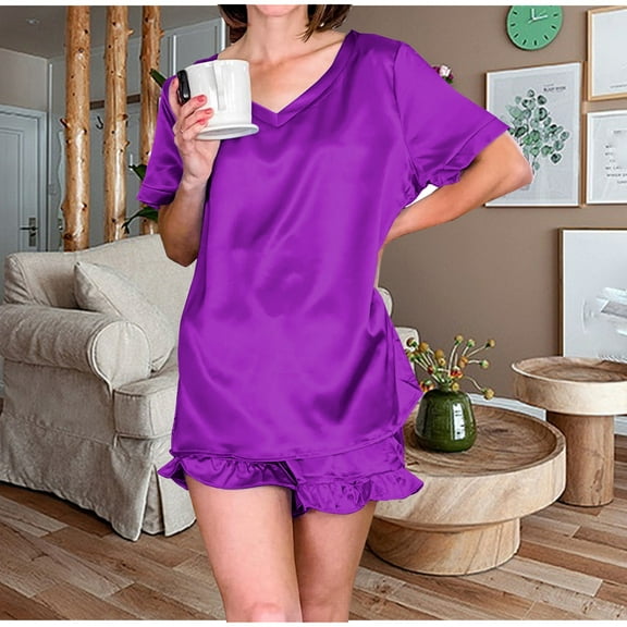 Sakmal Short Sleeve Womens Pajamas Sets Purple Shorts Pant Ruffle Satin Solid Loungewear Topsfor Women