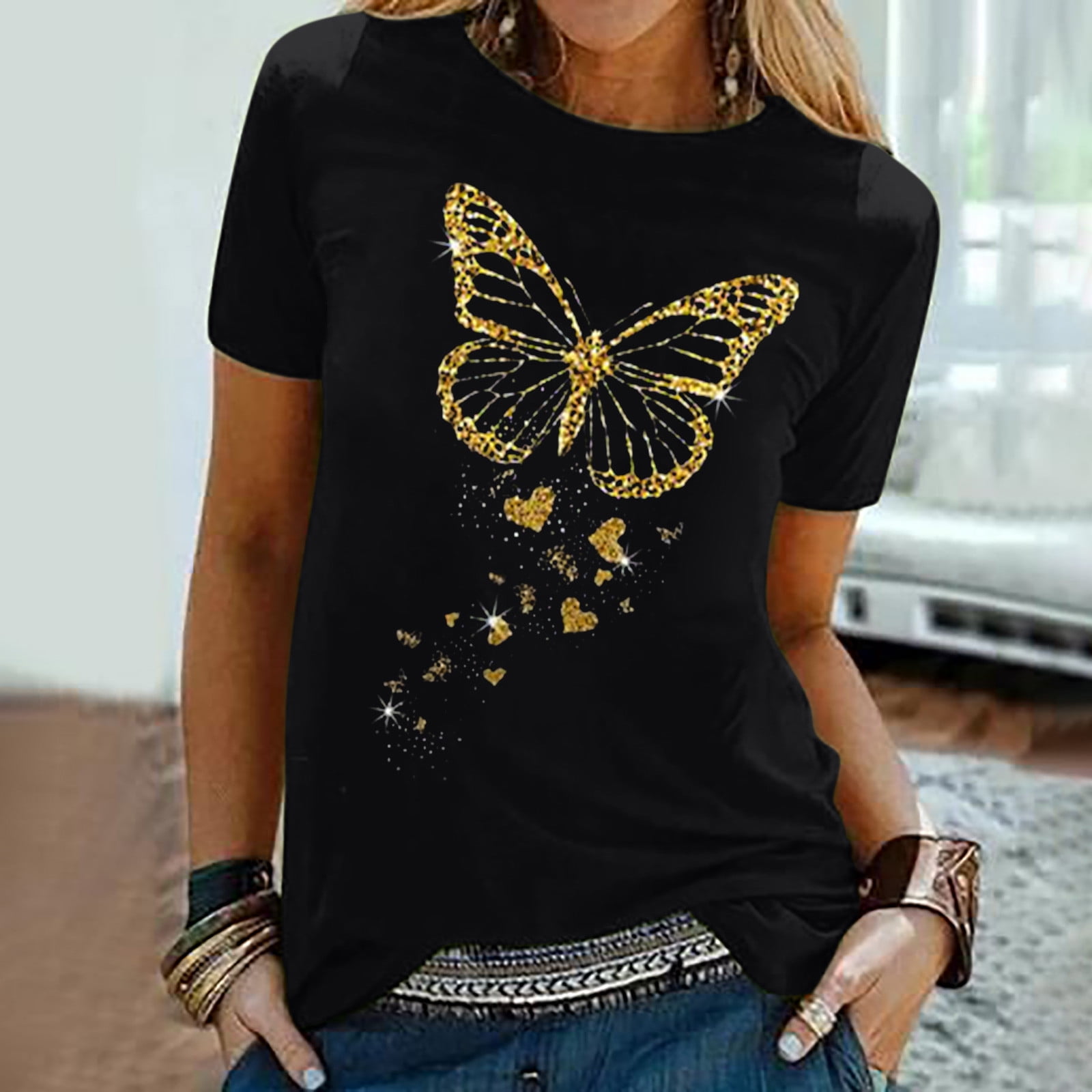 Sakmal Short Sleeve Womens Plus Size Tops Graphic Crew Neck