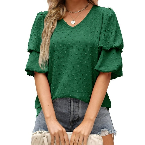 Sakmal Short Sleeve Womens Plus Size Tops Green V-Neck Double Puff Sleeves Solid Blouses Ladies Shirts Clearance