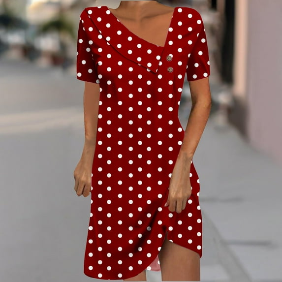 Sakmal Short Sleeve Womens Summer Dresses Shift V Neck Mini Red Polka Dot Dresses ,Sizes S-2XL