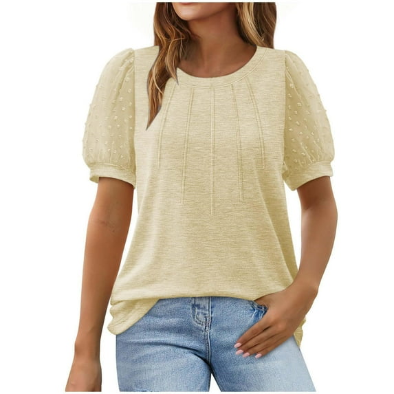 Sakmal Short Sleeve Womens Tops Under $10 Beige Pleated Puff Sleeve Solid Crew Neck T-Shirts Womens Shirts Plus Size
