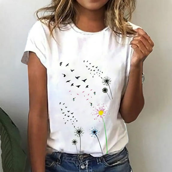 Sakmal Short Sleeve Womens Tshirts Graphic Tee Floral Shirts Crew Neck Casual Tops for Women White-E,L