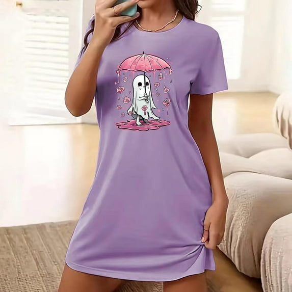 Sakmal Short Women Moomoo Nightgowns Comfy Spooky Season Purple Mumu Dress Short Sleeve Ghost Print Nightgowns for Women