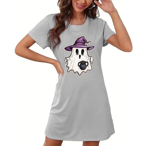Sakmal Short Womens Moo Moo Nightgown Lightweight Gray Halloween Sleepwear Short Sleeve Witch Hat Print Nightgowns for Women
