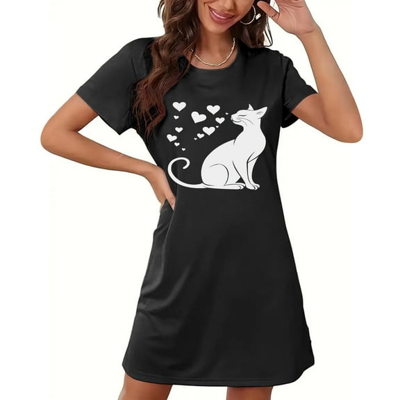 Sakmal Short Womens Moomoo Nightgowns Black Soft Sleep Dress Short Sleeve Cat Print Nightgowns for Women