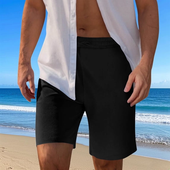 Sakmal Shorts Men Bermuda Knee Length Cotton Linen Elastic Waist Black 9 Inch Lightweight Solid Mens Shorts 3XL