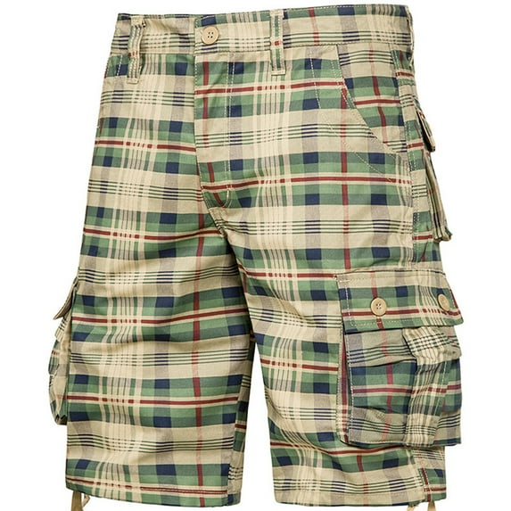 Sakmal Shorts Men Cotton Khaki Cargo Wide Leg 9 Inch Yellow Vacation Plaid Shorts for Men L
