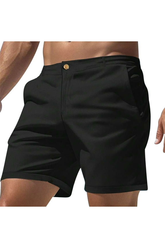 Shorts Men Cotton Khaki Chino Elastic Waist Black Solid Beach 7 Inch Shorts for Men L