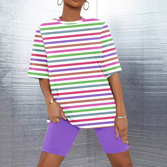 Sakmal Shorts Pant Night Shirts for Women Pajamas Sets Elbow-Length Purple Loose Fit Comfy Striped Girls Sleepwear