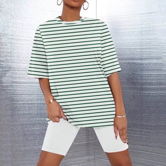 Sakmal Shorts Pant Night Shirts for Women Pajamas Sets Green Elbow-Length Loose Fit Comfy Striped Girls Sleepwear