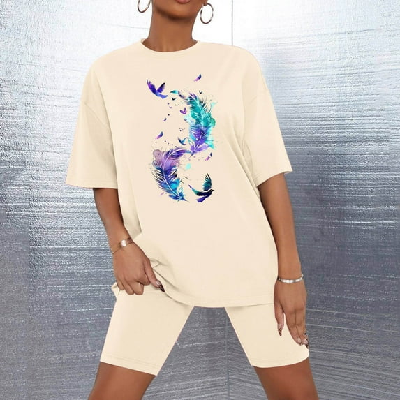 Sakmal Shorts Pant Pajamas for Women Trendy Elbow-Length Beige Comfy Loose Fit Graphic Ladies Sleepwear