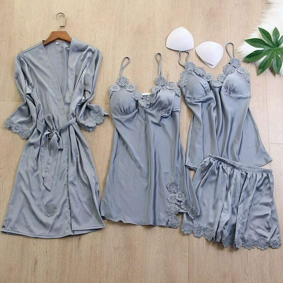 Sakmal Shorts Pant Pajamas Sets for Women Under $10 Sleeveless Gray Lace Solid Sexy 4 Piece Night Shirts for Women Sleepwear