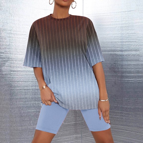 Sakmal Shorts Pant Pajamas Sets for Women Elbow-Length Blue Comfy Gradient Loose Fit Ladies Sleepwear Plus Size