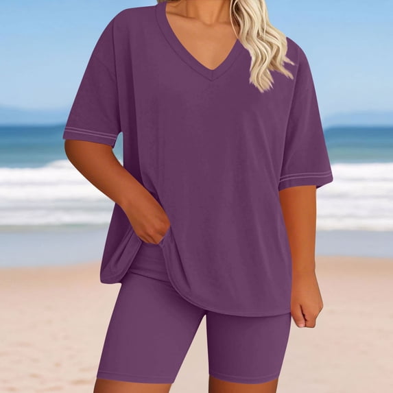 Sakmal Shorts Sets for Women High Waisted 2 Piece Outfits Elastic Waist Solid Purple Ladies Shorts with Pockets