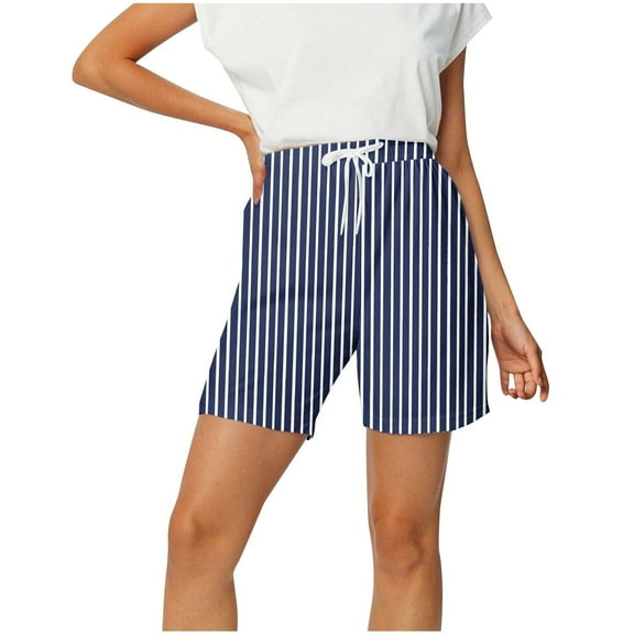 Sakmal Shorts Women Drawstring Wide Leg Plus Size Blue Stretchy Striped Ladies Shorts with Pockets