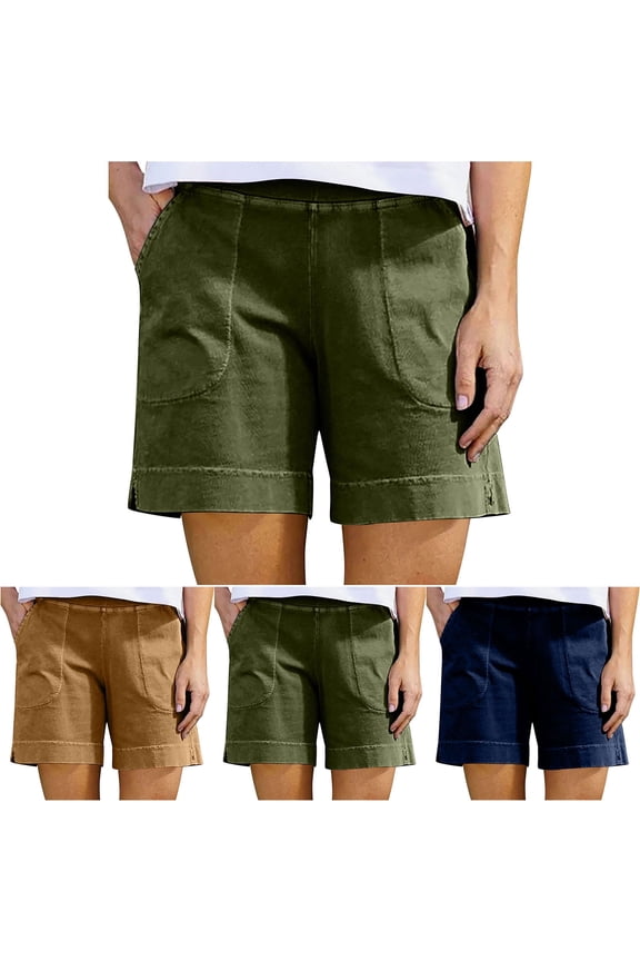Shorts Womens Dressy Casual Cotton and Linen Green Mid Rise Beach 6" Shorts with Pockets