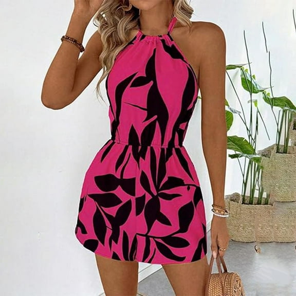 Sakmal Pink Shorts Womens Sleeveless Wide Leg Floral Print Trendy Rompers Shorts with Pockets