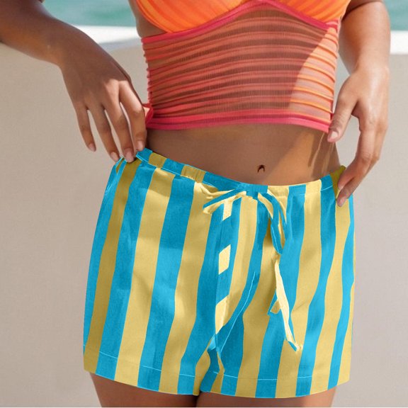 Sakmal Shorts Women Blue Board Striped Beach Vacation Summer Shorts with Pockets