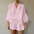 thumbnail image 1 of Sakmal Shorts and Top Women's Pajama Sets Pink Long Sleeve Leisure Cotton Loungewear Solid V Neck Pajamas for Women, 1 of 5