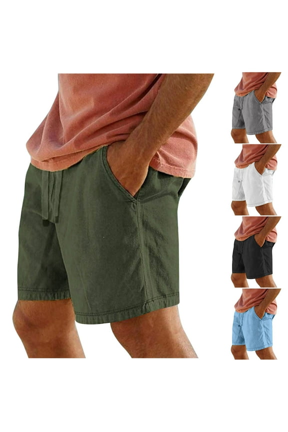 Shorts for Men Board Cotton Linen Bermuda Casual Green Solid 7 Inch Beach Shorts for Men L