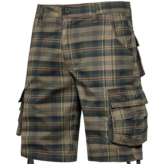 Sakmal Shorts for Men Cotton Cargo Khaki Wide Leg Lightweight 9 Inch Green Plaid Shorts for Men S