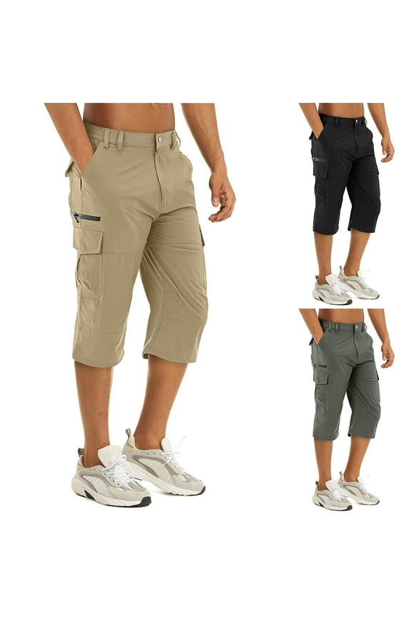 Shorts for Men Khaki Cargo Wide Leg Black Drawstring 7 Inch Solid Shorts for Men L