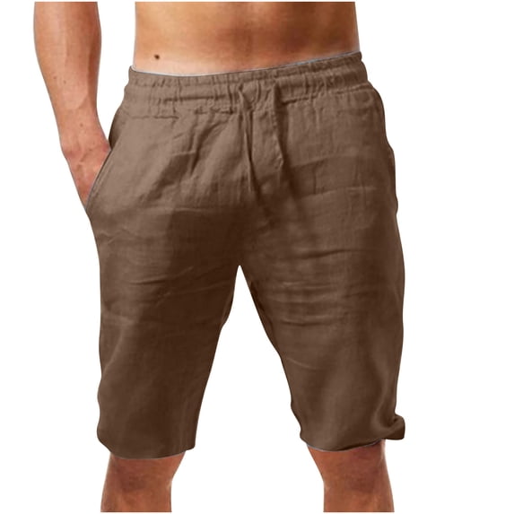 Sakmal Shorts for Men Knee Length Cotton Linen Bermuda with Pockets Brown Summer 9 Inch Solid Mens Shorts 2XL