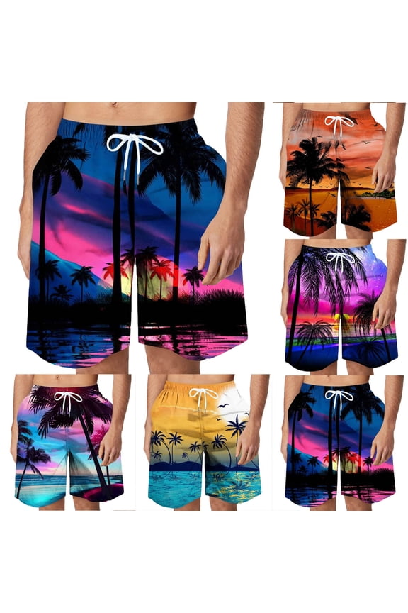 Shorts for Men Tropical Bermuda Board Big and Tall Wide Leg Drawstring 7 Inch Blue Hawaiian Shorts for Men L