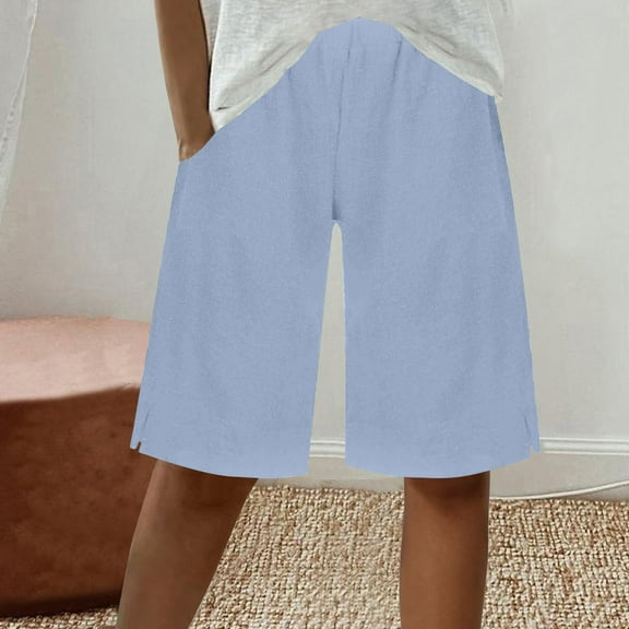 Sakmal Shorts for Women Blue Daily Cotton Linen Bermuda 9" Solid Mid Rise Shorts with Pockets