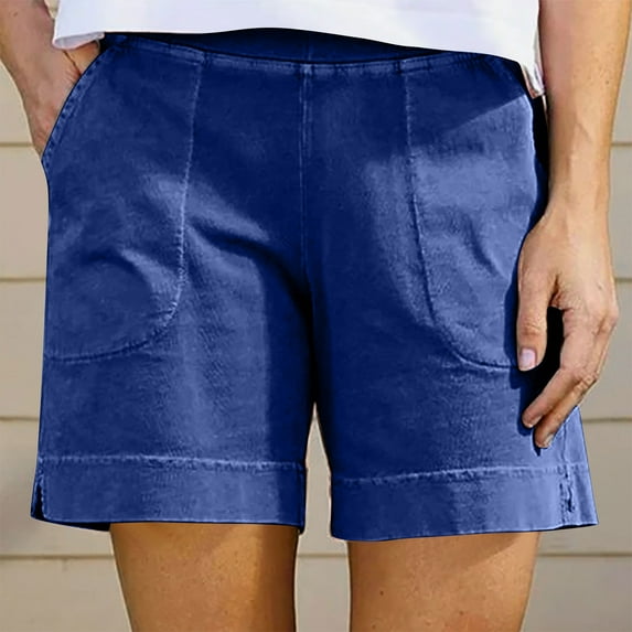 Sakmal Shorts for Women Casual Cotton Linen Casual Blue 5" Mid Rise Solid Shorts with Pockets