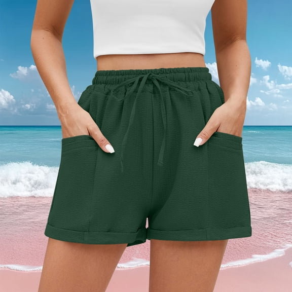 Sakmal Shorts for Women Plus Size Drawstring Wide Leg Solid Green Casual Ladies Shorts with Pockets