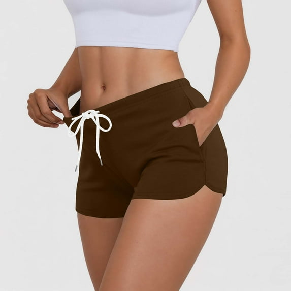 Sakmal Shorts for Women Plus Size Mini Drawstring Hotpants Solid Brown Stretchy Shorts for Women with Pockets