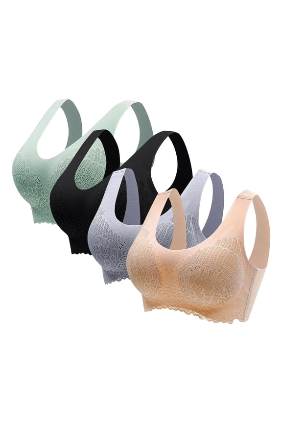 Side Smoothing Womens Sports Bras Lace Bralette No Underwire Beige Compression T-Shirt Bras for Ladie M,4-Pack