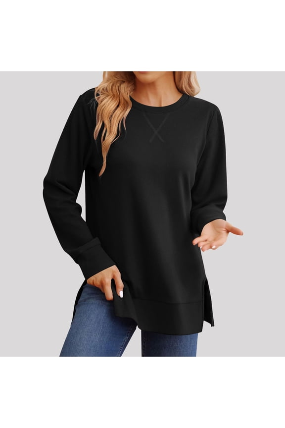 Side Split Women's Tops Trendy Black Workout Sweatshirts Solid Long Sleeve Crew Neck Shirts for Women