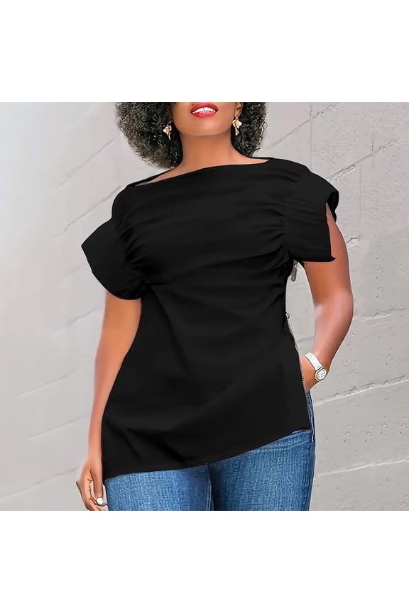 Side Zipper Womens T Shirts Puff Short Sleeve Solid Crew Neck Tops Black Casual T-Shirts Basic Tops for Woman