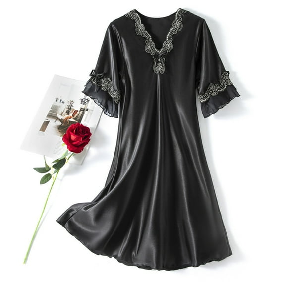 Sakmal Silk Moomoo Nightgowns Women Satin Sleepwear Black Short Sleeve Nightgowns for Women
