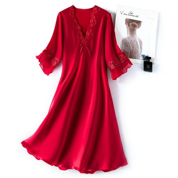 Sakmal Silk Nightgowns for Women Soft Satin Pajama Dress Short Sleeve Red Nightgowns for Women