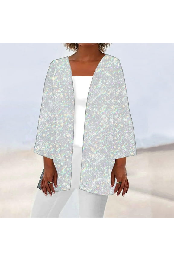 Silver Winter Jacket for Women Cover-Up Elbow-Length Glitter Loose Fit Flowy Cardigan Jackets for Girls