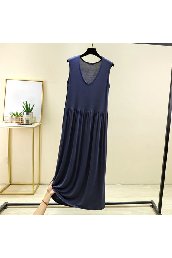 Sleep Tanks Moomoo Nightgowns for Women Cotton Plus Size Loungewear Blue Sleeveless Sleep Tanks