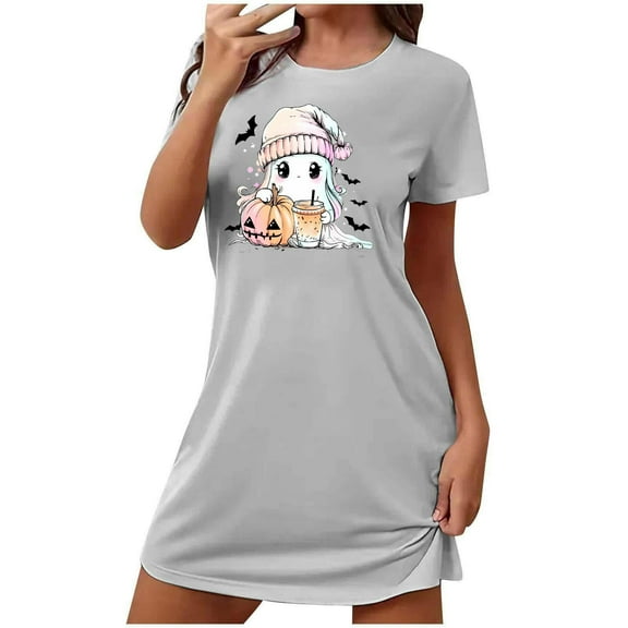 Sakmal Sleepwear for Women Halloween Cute Sleepshirt Short Sleeve Ghost and Pumpkin Print Gray Nightgowns