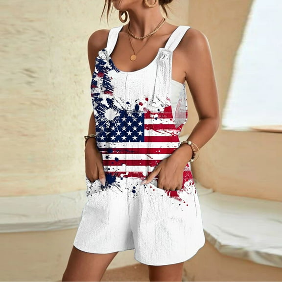 Sakmal Sleeveless 4Th of July Outfits for Women Independence Day Blue Scoop Neck Outfits Short Jumpsuits American Flag Rompers