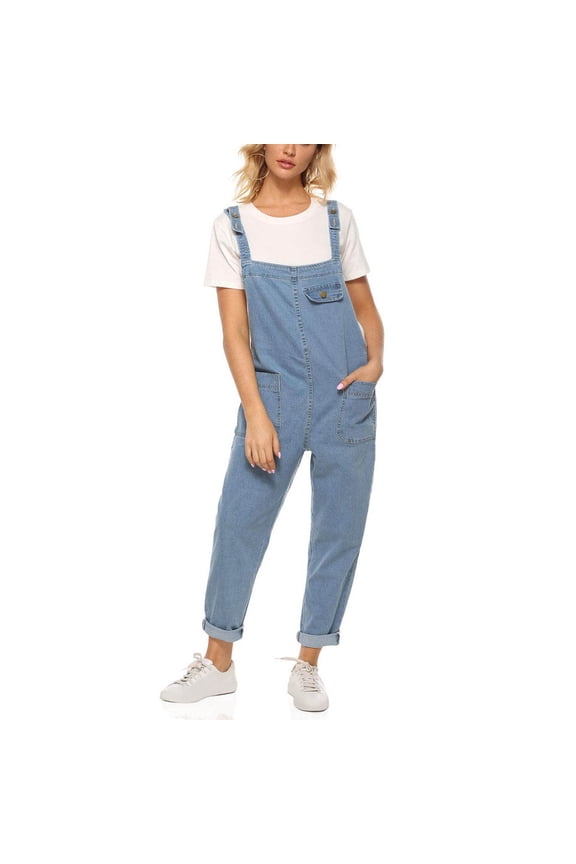 Sleeveless Casual Jumpsuits for Women Jean Denim Blue Plus Size Overalls Long Straight Leg Solid Square Neck Pants