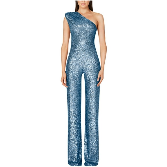 Sakmal Sleeveless Casual Jumpsuits for Women Wedding Blue Dressy Elegant Overalls One Shoulder Boat Neck Long Straight Leg Sequin Pants