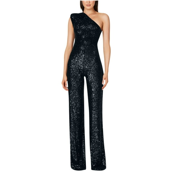 Sakmal Sleeveless Jumpsuits for Women Casual Elegant Wedding Black Dressy Overalls Straight Leg One Shoulder Boat Neck Sequin Long Pants