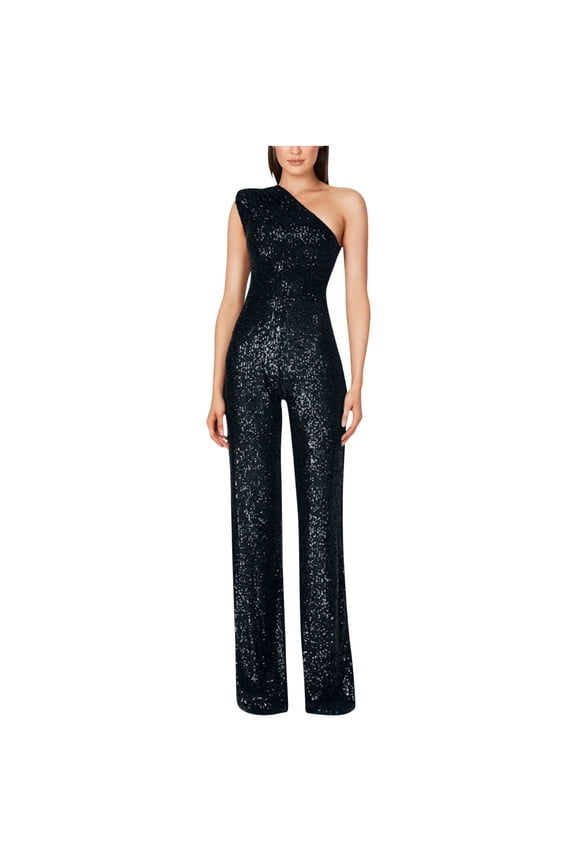 Sleeveless Jumpsuits for Women Casual Elegant Wedding Black Dressy Overalls Straight Leg One Shoulder Boat Neck Sequin Long Pants