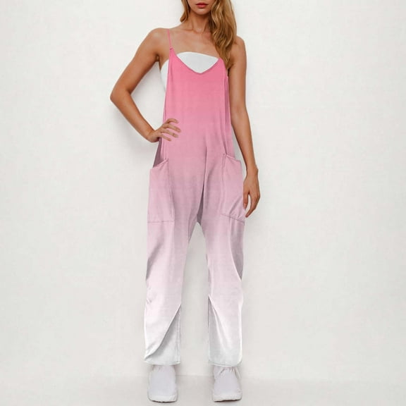 Sakmal Sleeveless Jumpsuits for Women Casual Plus Size Workout Pink Overalls Straight Leg Long V Neck Gradient Pants with Pockets