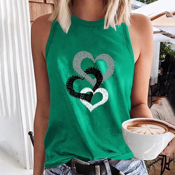 Sakmal Sleeveless Ladies Tops Under $10 Green Crew Neck Love Heart Tank Tops T Shirts for Women