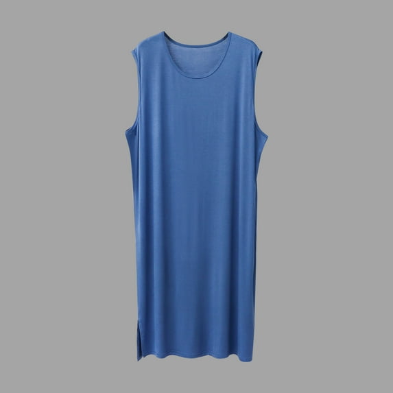 Sakmal Sleeveless Moo Moo for Men Cotton Lightweight Tank Night dress Crew Neck Blue Nightgowns for Men L