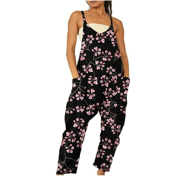 Sakmal Sleeveless One Piece Jumpsuits for Women Summer Gray Petite Overalls Long Wide Leg V Neck Floral Pants with Pockets