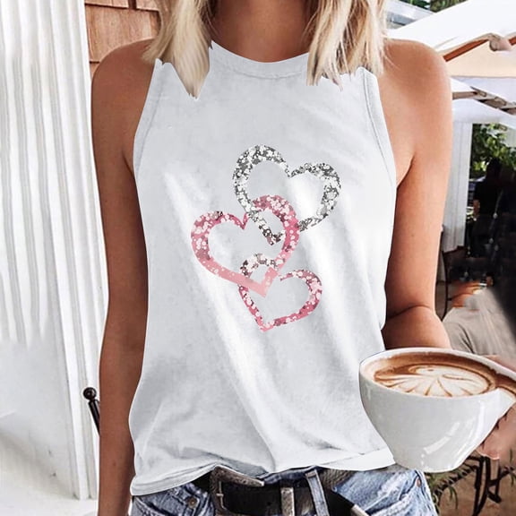 Sakmal Sleeveless Plus Size Tops for Women White Crew Neck Love Heart Tank Tops Plus Size Ladies Shirts
